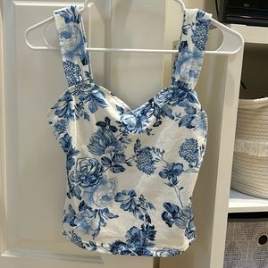Blue and white floral top.